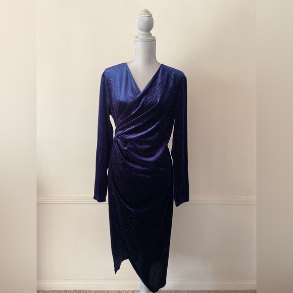LAUGHIDO WRAP V-NECK LONG SLEEVE SLIT VELVET BLUE GLITTER DRESS SIZE XL 🌟NWOT🌟 - Picture 4 of 15